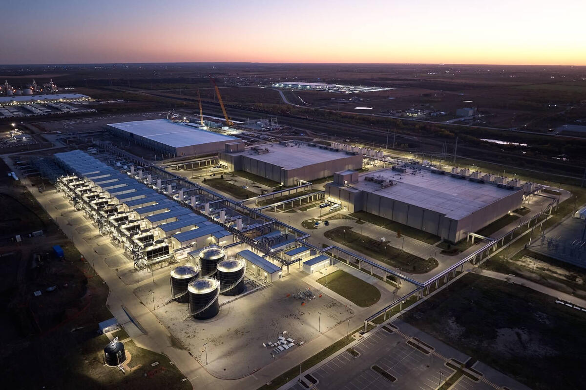 Data Center Campus Overview Aerial view of a large-scale data center campus and surrounding infrastructure
